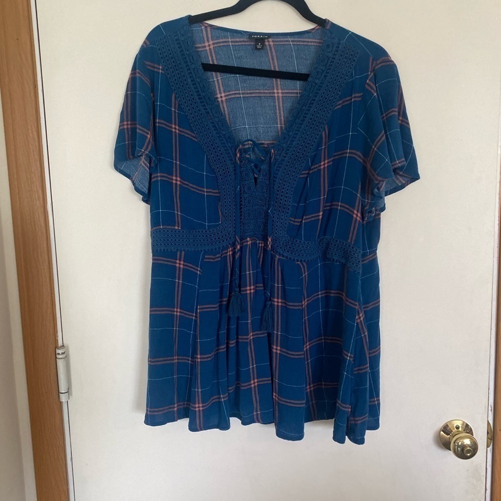 Torrid 2 plaid lace detail cut out teal and pink baby doll/Boho top